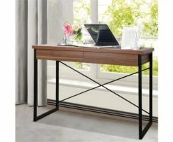 Home Office Design - Metal Desk With Drawer Walnut
